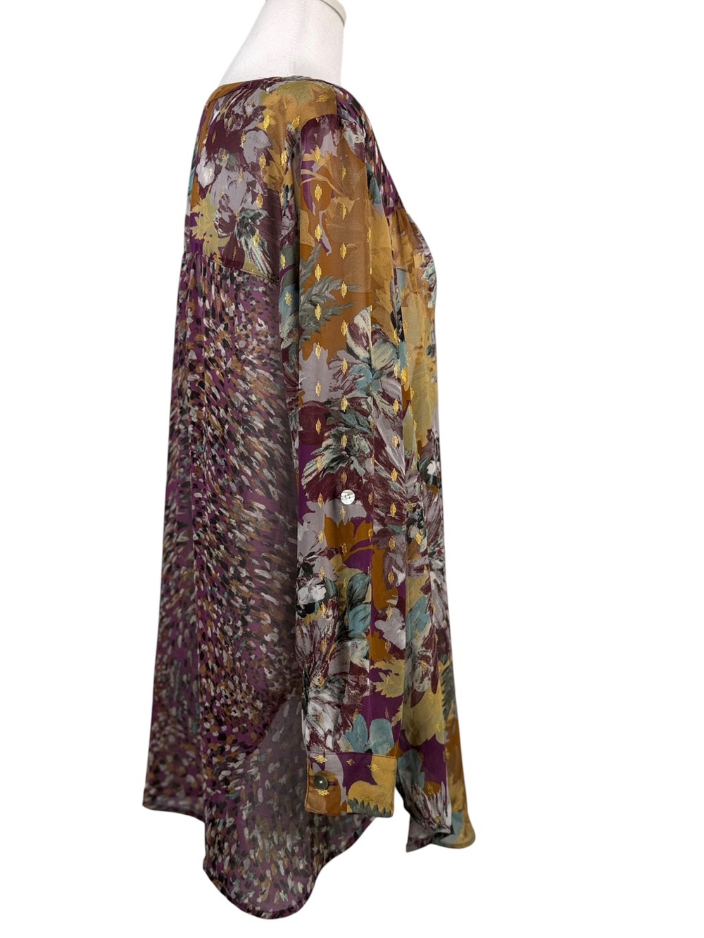 Figueroa & Flower Sheer Floral Button-Down Shirt in Purple & Gold Plus Size 1X - Picture 3 of 11
